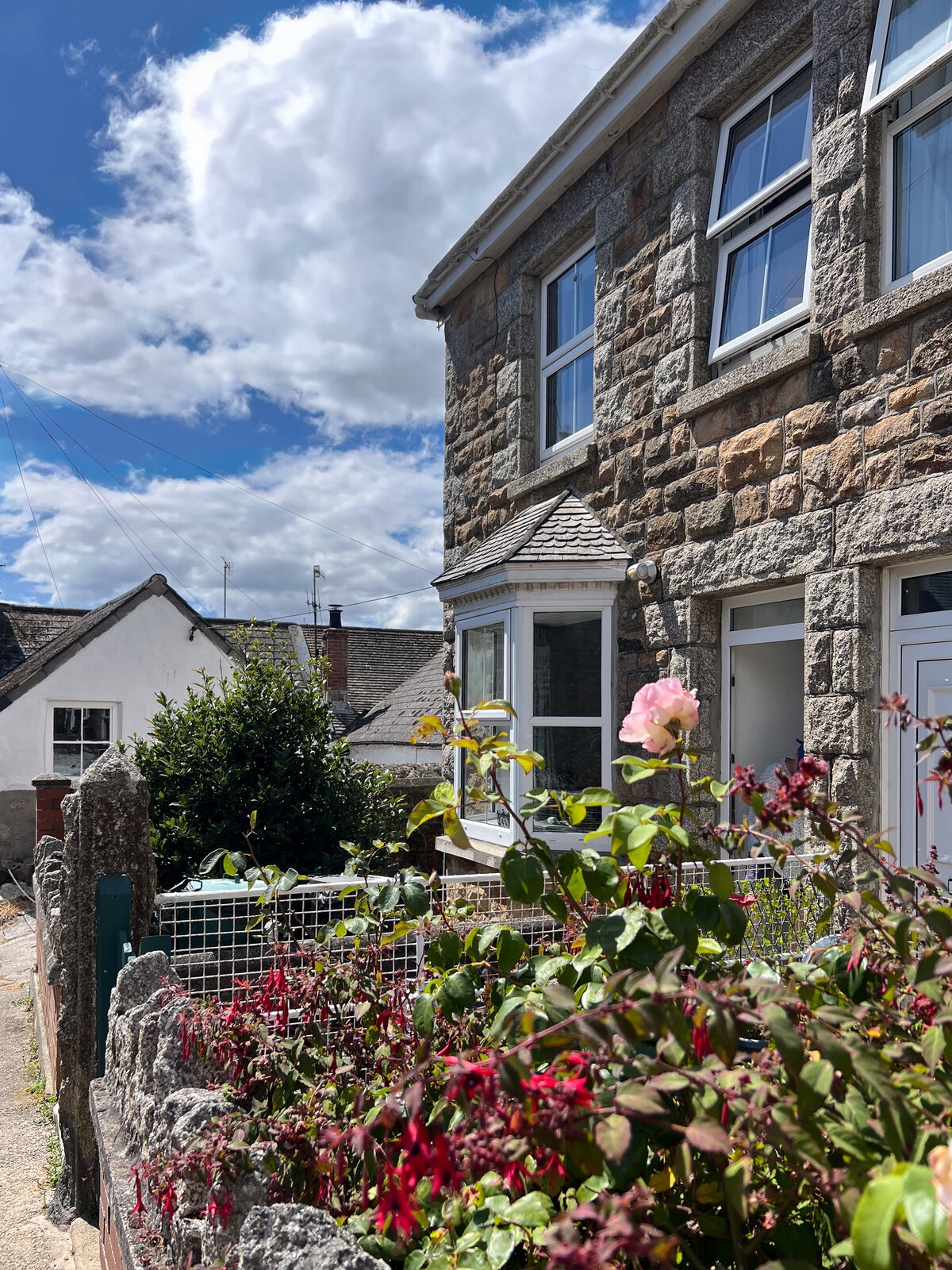 Cottage frontage with roses and greenery under a blue sky